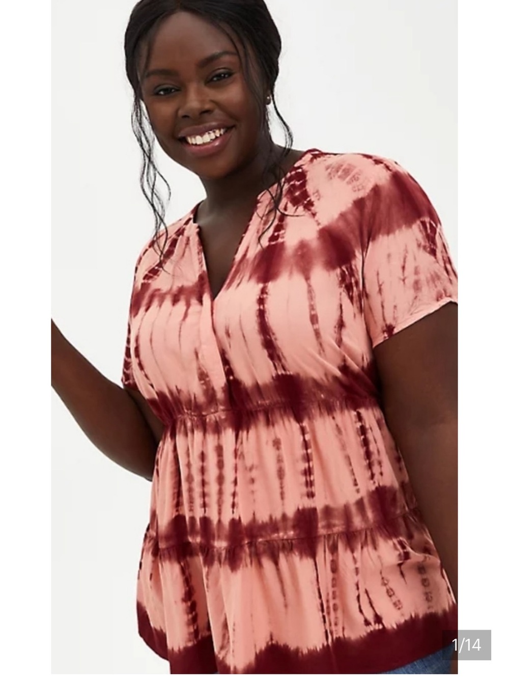 Torrid 1X Peach and Maroon Tie-Dyed Tiered Tunic Short Sleeve Blouse